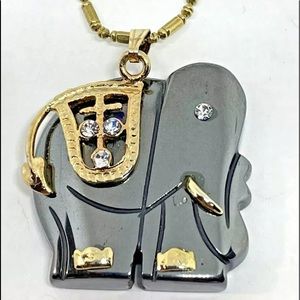 Carved Hematite & Crystal Elephant Pendant on 19” 925 Chain
